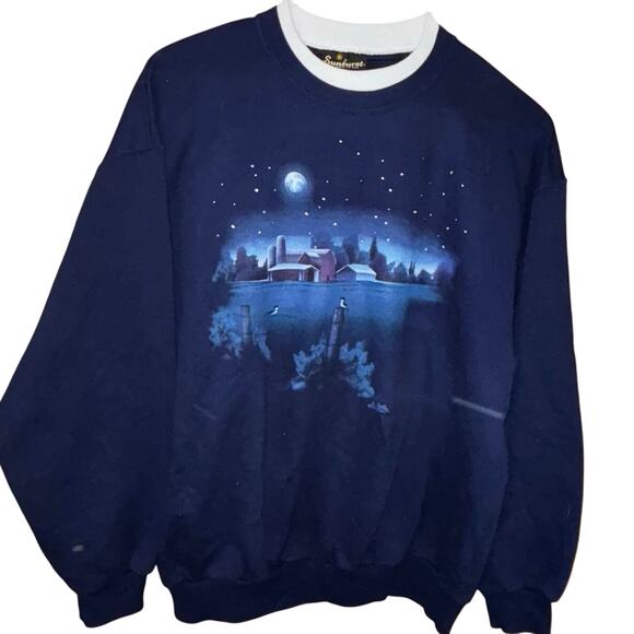 Vintage Sunburst by Morning Sun embellished farm blue crewneck sweatshirt XL - Picture 1 of 4